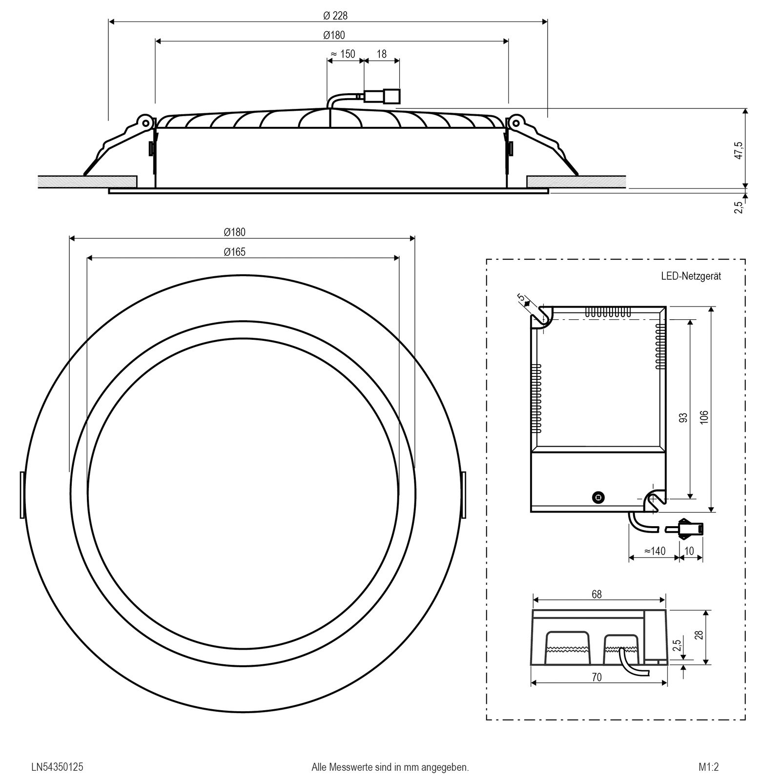 LED-Einbaustrahler 35W 3000-5700K 3800lm Konv 1LED Alu IP54 ws mt Ø/EB200mm