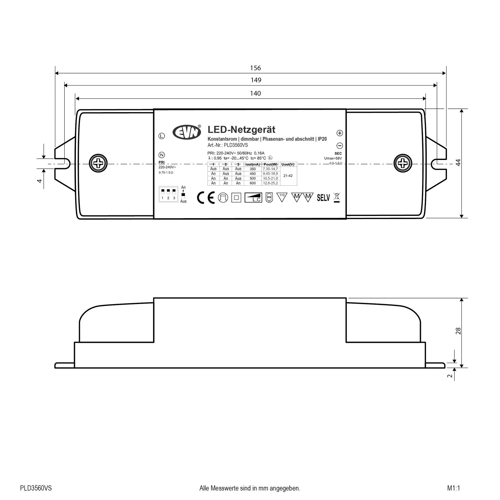 LED-Steuerung 7,35-25,2W 350-600mA 42V IP20 dim Dimmung Phasenabschnitt Kstgeh