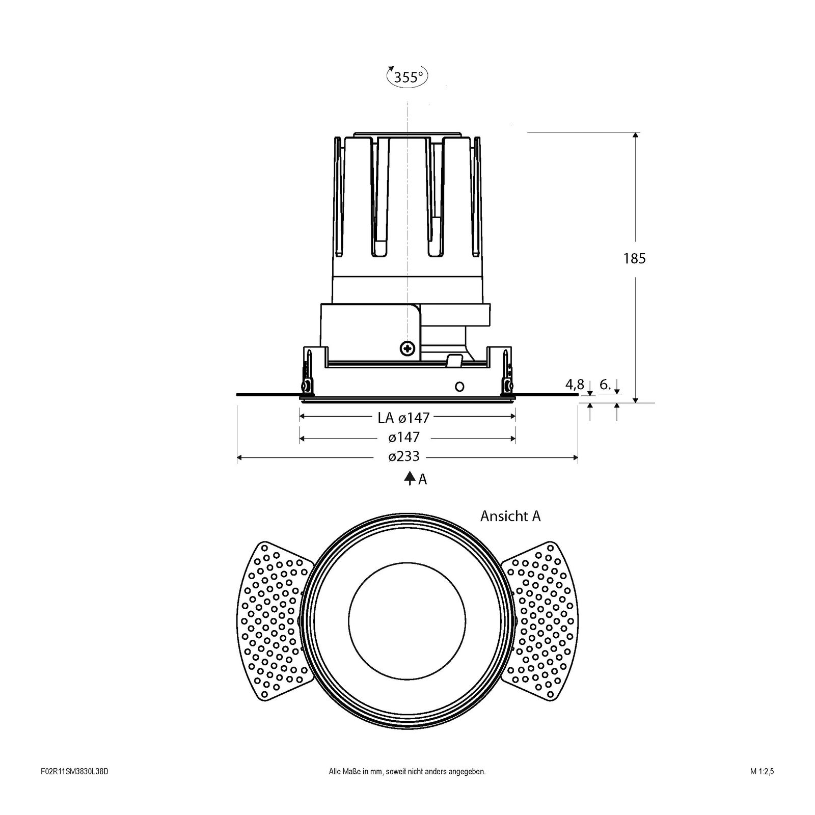 LED-Einbaustrahler 38W 3000K 4433lm Konv DALI Dimmung DALI 1LED Alu IP20 ws mt