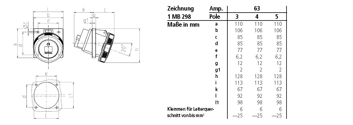 CEE-Anbausteckdose 5p 63A ›50V/gr 1h Kst IP67 Schraubkl abgew 110x106mm
