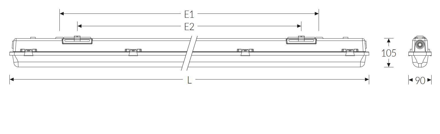 LED-Feuchtraumleuchte 48W 4000K 7100lm gr Konv Dimmung DALI IP69K 1520x90x105mm