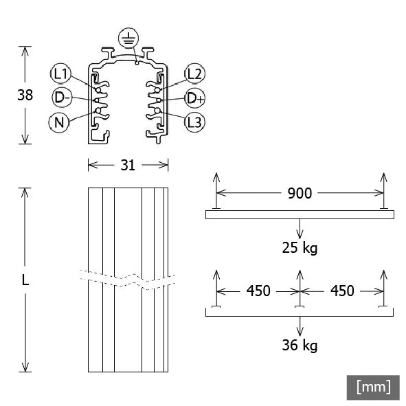 Stromschiene 3ph 1000mm gr 220-240V Alu Bus Busfähig 31x38mm rechteck