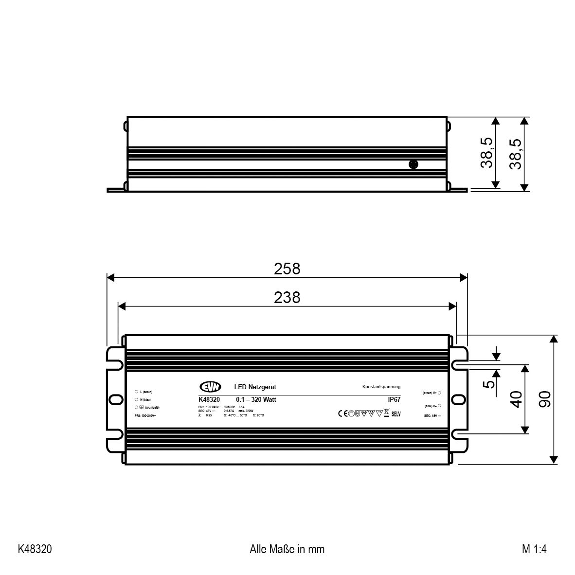 LED-Trafo 0,1-320W 48V IP67 Metallgeh stat 253x90x45mm