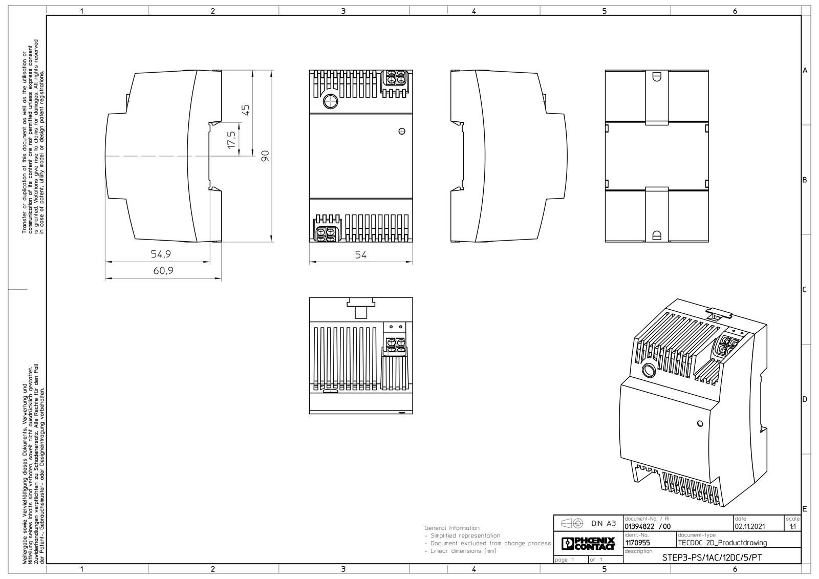 Gleichstromversorgung REG 12V 60W 5A 3TE 100-240VUC f.Reiheneinb 120-150VAC/DC
