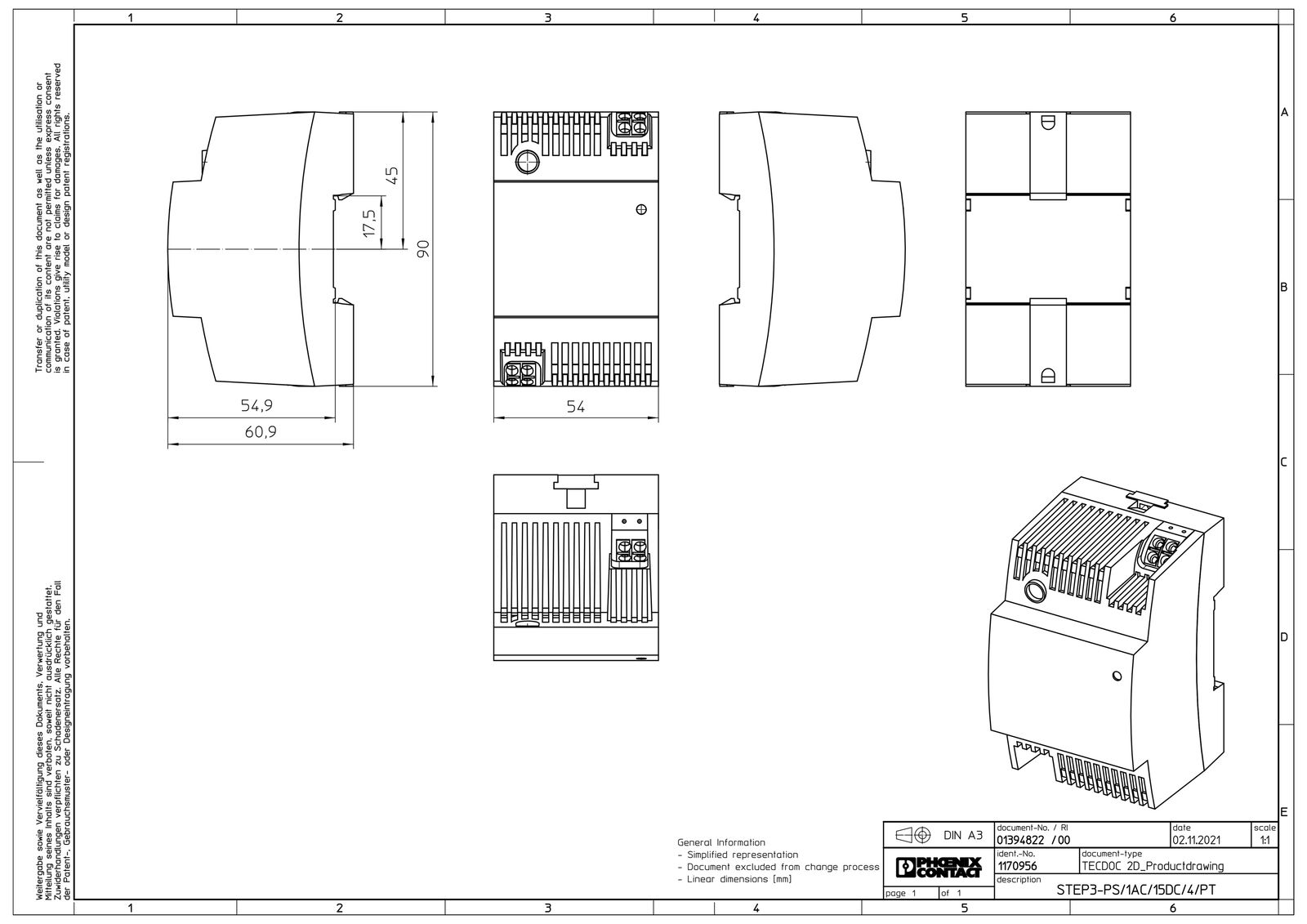 Gleichstromversorgung REG 15V 60W 4A 3TE 100-240VUC f.Reiheneinb 110-250VAC/DC