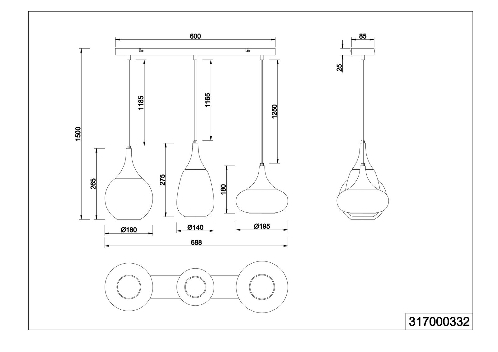 LED-Pendelleuchte 3x40W LUMINA sw E14 sym IP20 3LEDs LED austauschbar
