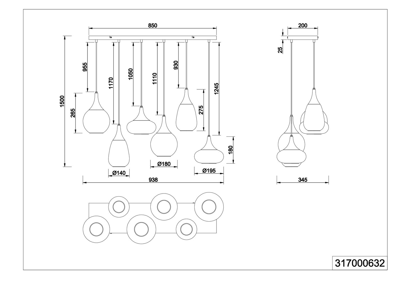 LED-Pendelleuchte 6x40W LUMINA sw E14 sym IP20 6LEDs LED austauschbar