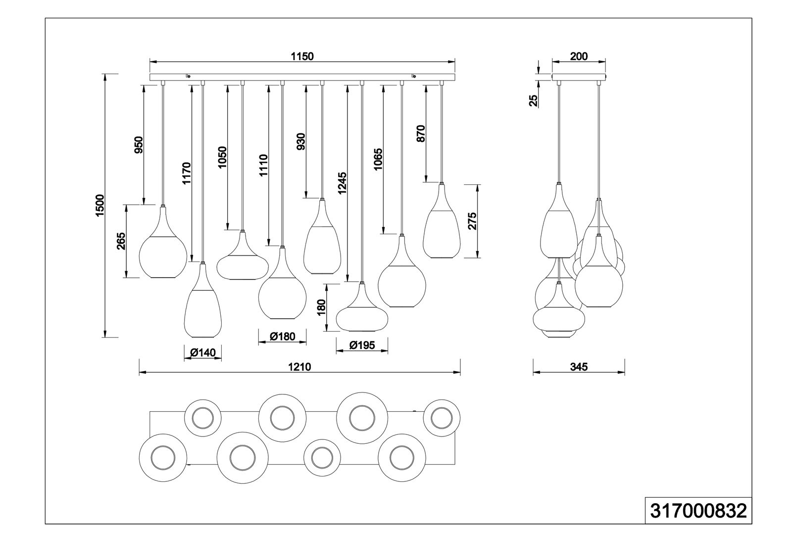 LED-Pendelleuchte 8x40W LUMINA sw E14 sym IP20 8LEDs LED austauschbar