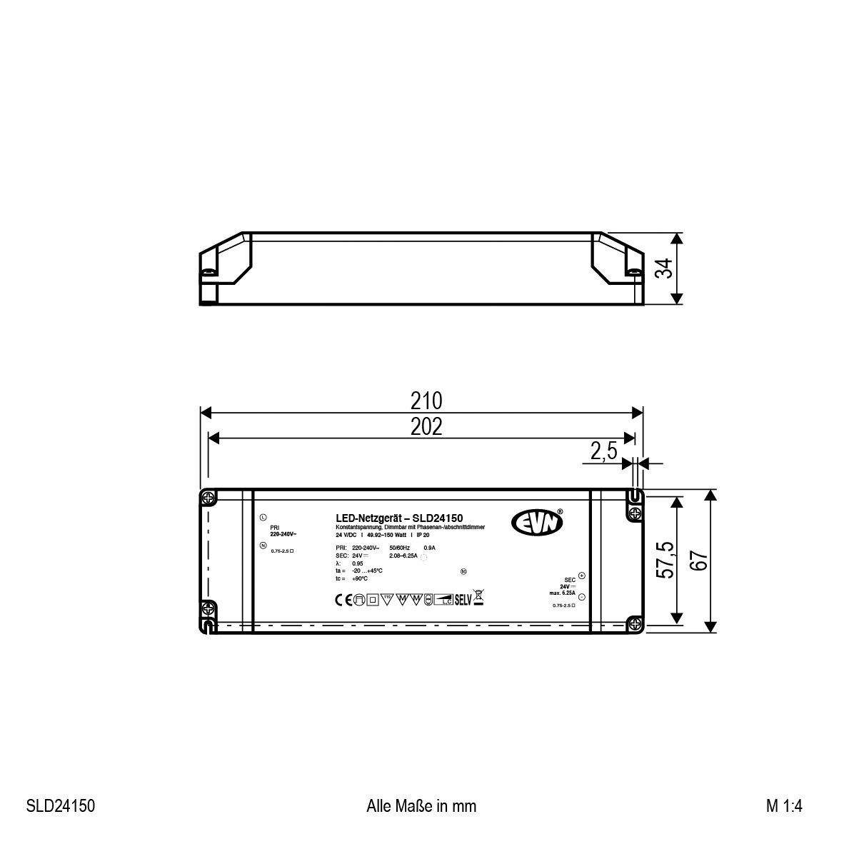 LED-Steuerung 49,92-150W 2080-6250mA 24V IP20 dim Dimmung Phasenabschnitt Kstgeh
