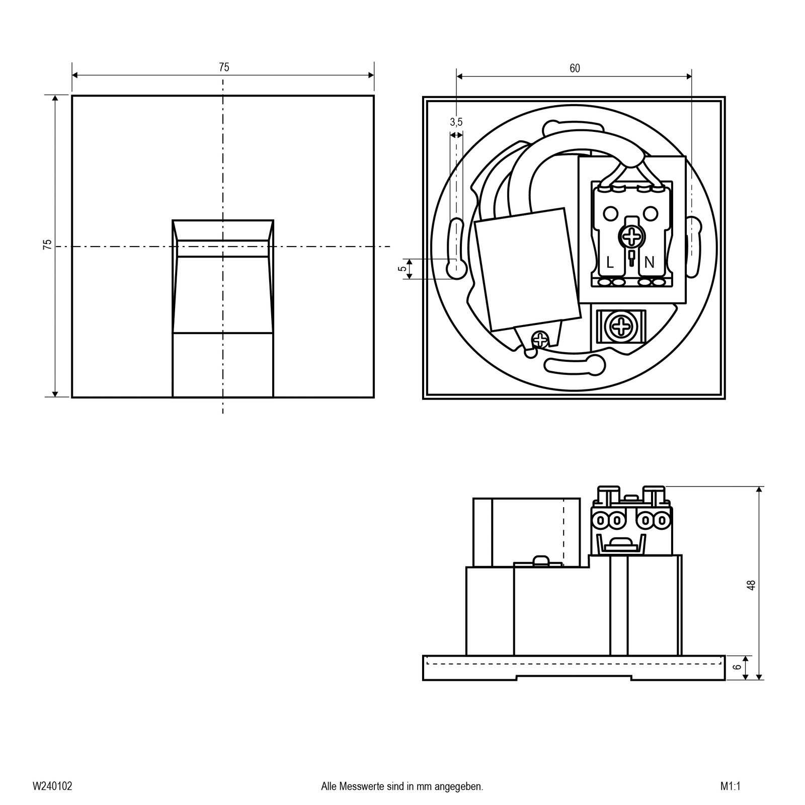 LED-Wandeinbauleuchte 1,5W 3000K 70lm ws Konv IP20 75x75x48mm