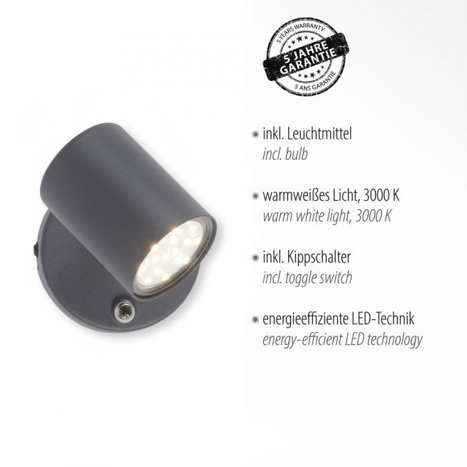 LED-Wandanbauleuchte TARIK 4,5W 3000K 360lm anth IP20 GU10 120x90x115mm