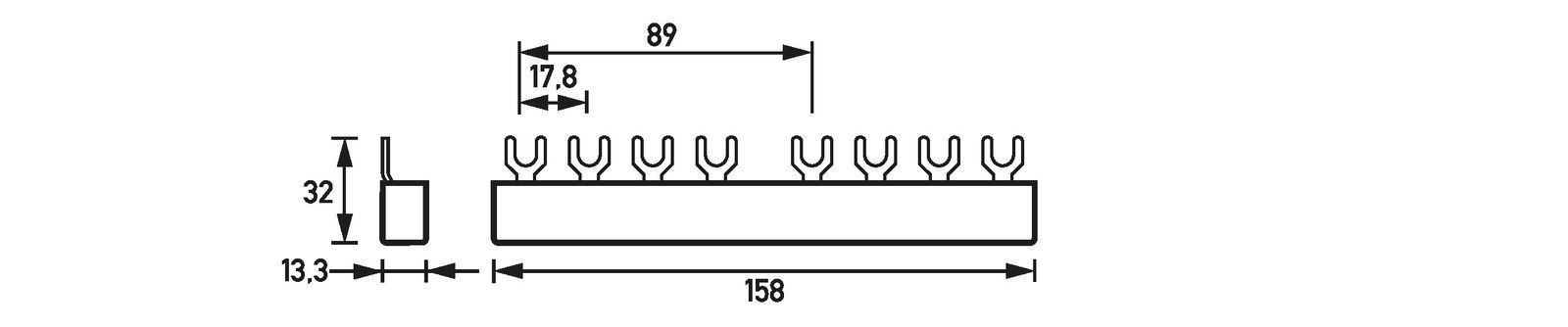 Phasenschiene 3+N 17,5mm 158mm 16qmm 80A Gabel Isoliert f.Gerät_m.N-Leiter