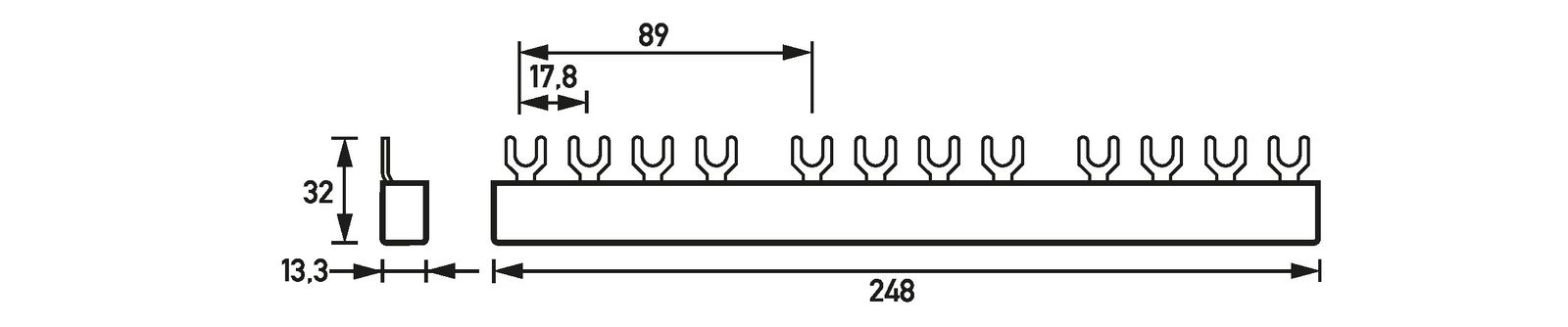 Phasenschiene 3+N 17,5mm 248mm 16qmm 80A Gabel Isoliert f.Gerät_m.N-Leiter