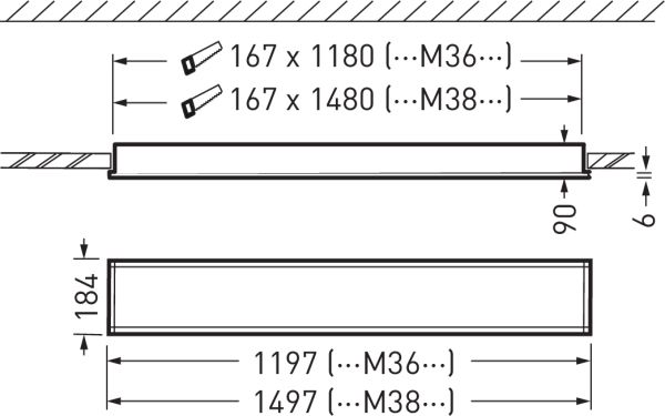 LED-Deckeneinbauleuchte 27W 4000K 3600lm ws Konv Dimmung DALI IP40 1197x184x90mm