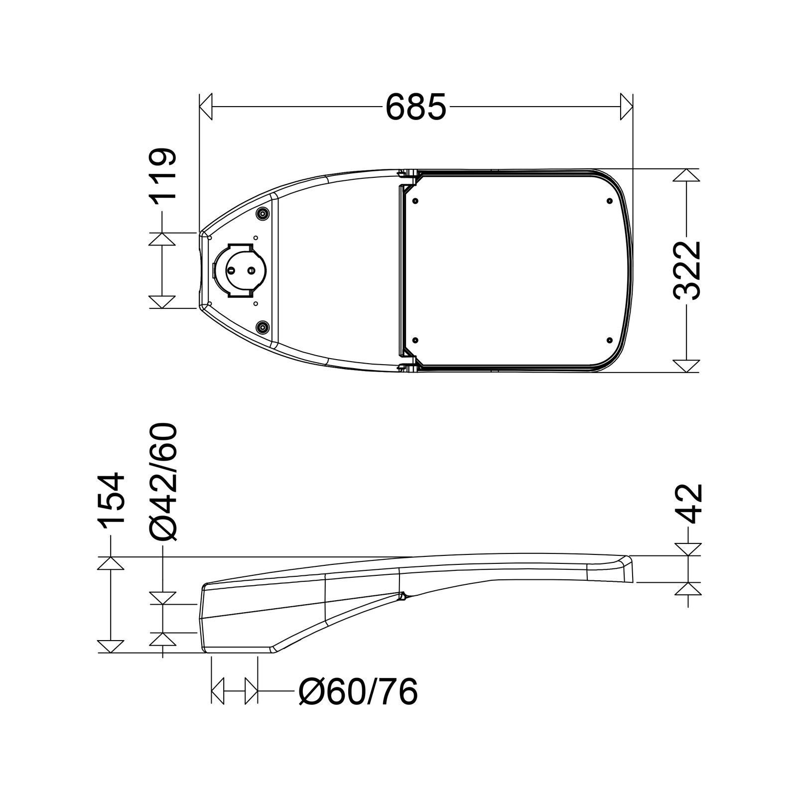 LED-Straßenleuchte 106W Aufs/Ans 42-76mm 3000K 14380lm gr Alu Gl_tr IP66 II