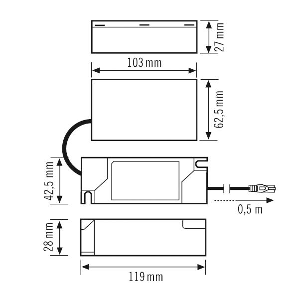 LED-Trafo 30W 700mA 28-42V IP20 Kstgeh dyn 119x42x28mm