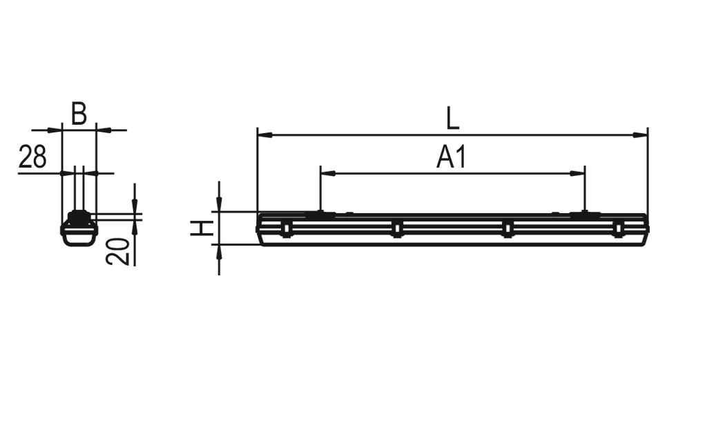 LED-Feuchtraumleuchte 59W 4000K 8584lm gr Konv IP66 1270x110x100mm