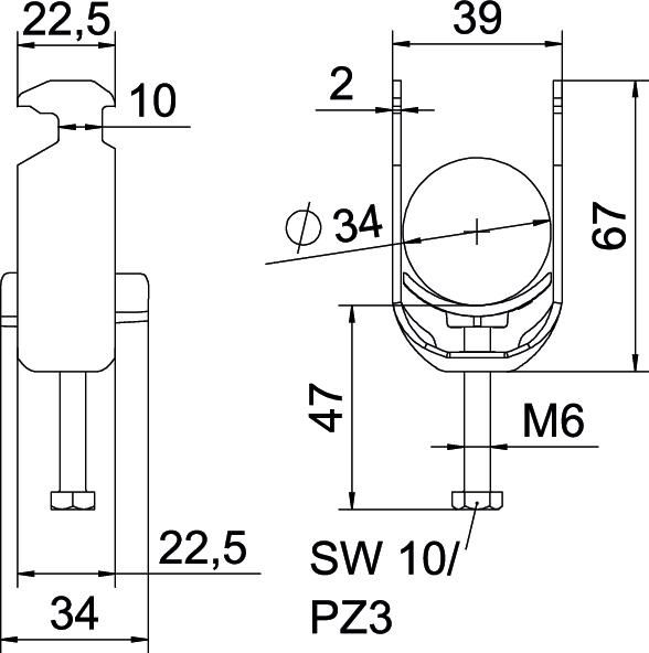 Bügelschelle 28-34mm 1f ST C-Profil W=Kst Wanne=Kunststoff