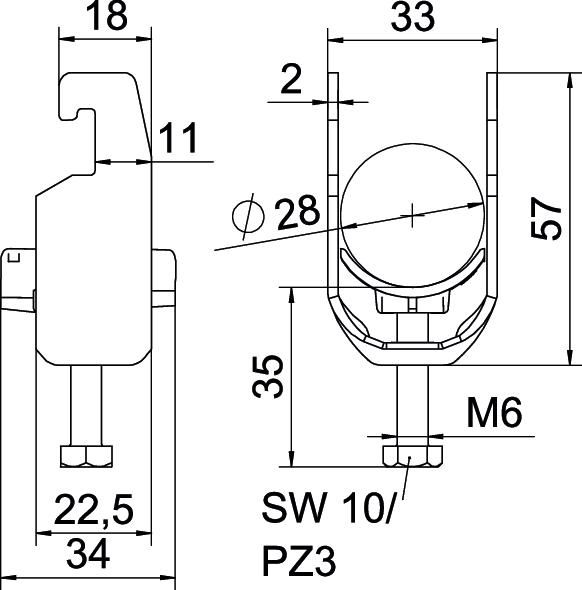 Bügelschelle 22-28mm 1f ST C-Profil W=Kst Wanne=Kunststoff