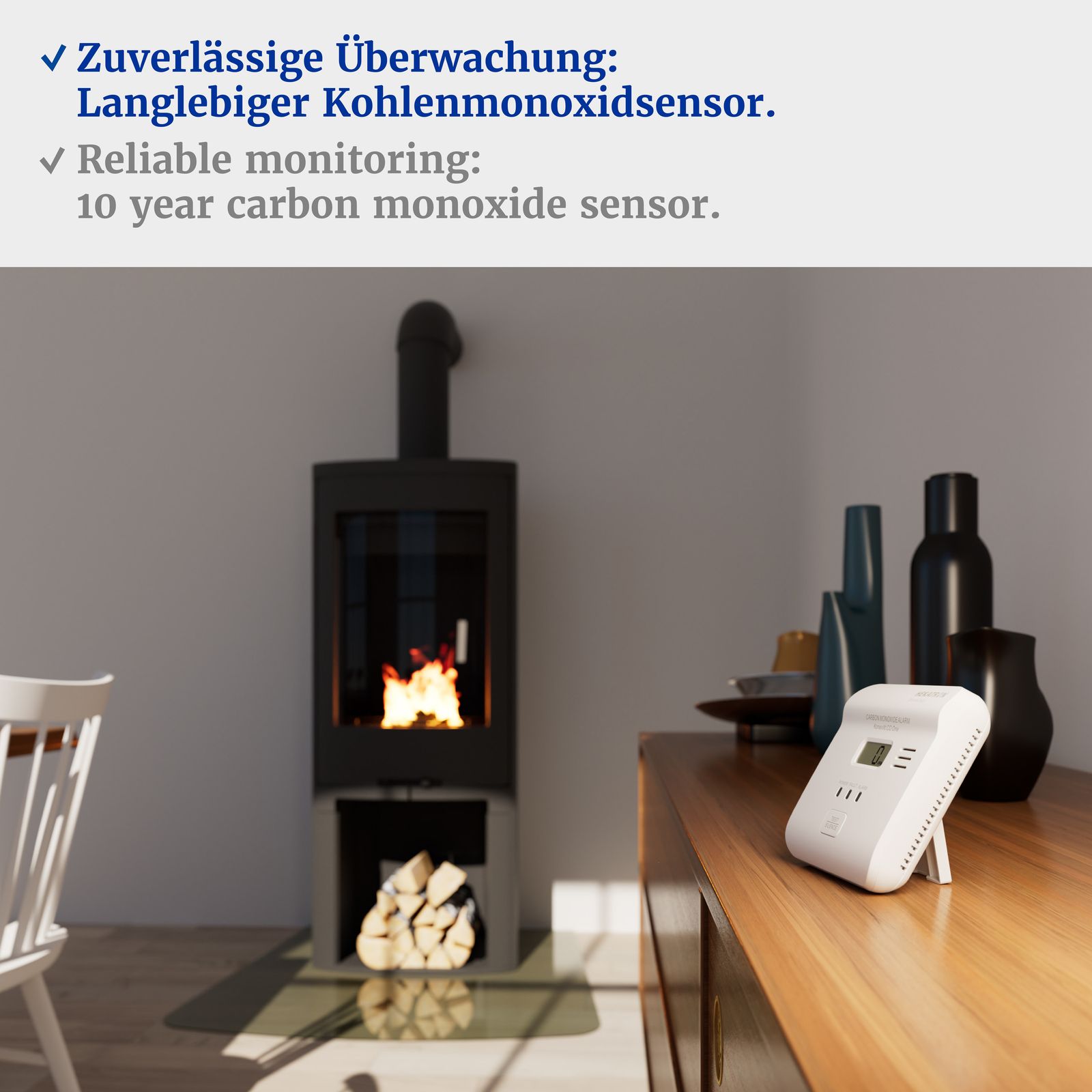 Kohlenmonoxidmelder 85dB m.Sockel autark Batt DC Mit Sockel Standalone ws Aufb