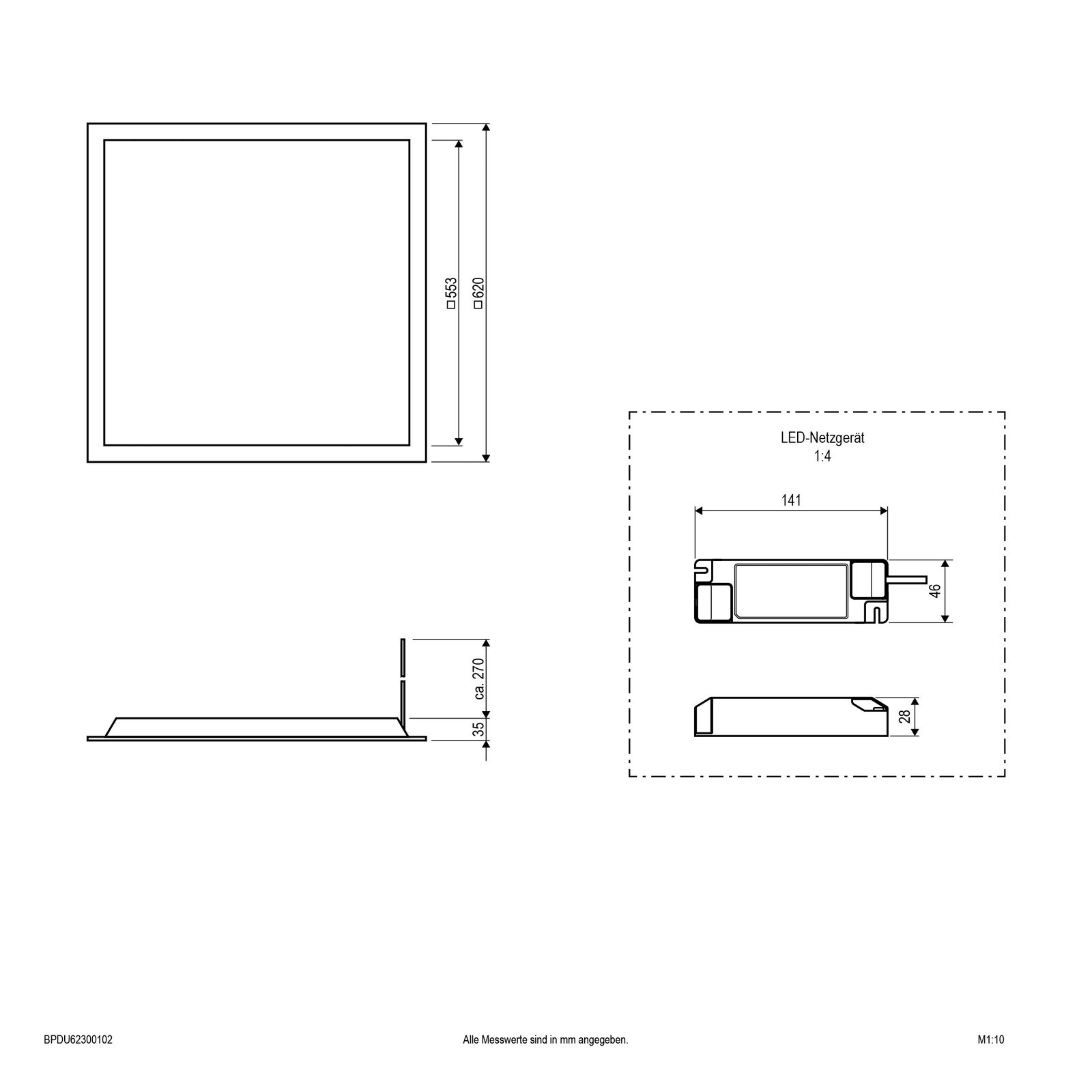 LED-Panel 622x622mm 30W 3000K 3600lm ws Konv Dimmung DALI IP20