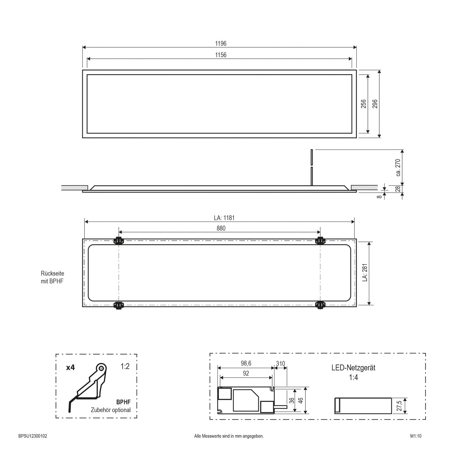 LED-Panel 1196x296mm 30W 3000K 3600lm ws Konv IP20