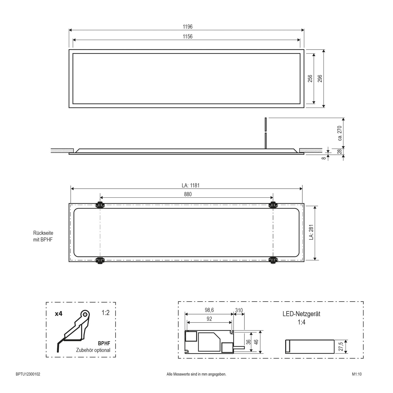 LED-Panel 1196x296mm 30W 3000K 3600lm ws Konv Dimmung Phasenabschnitt IP20