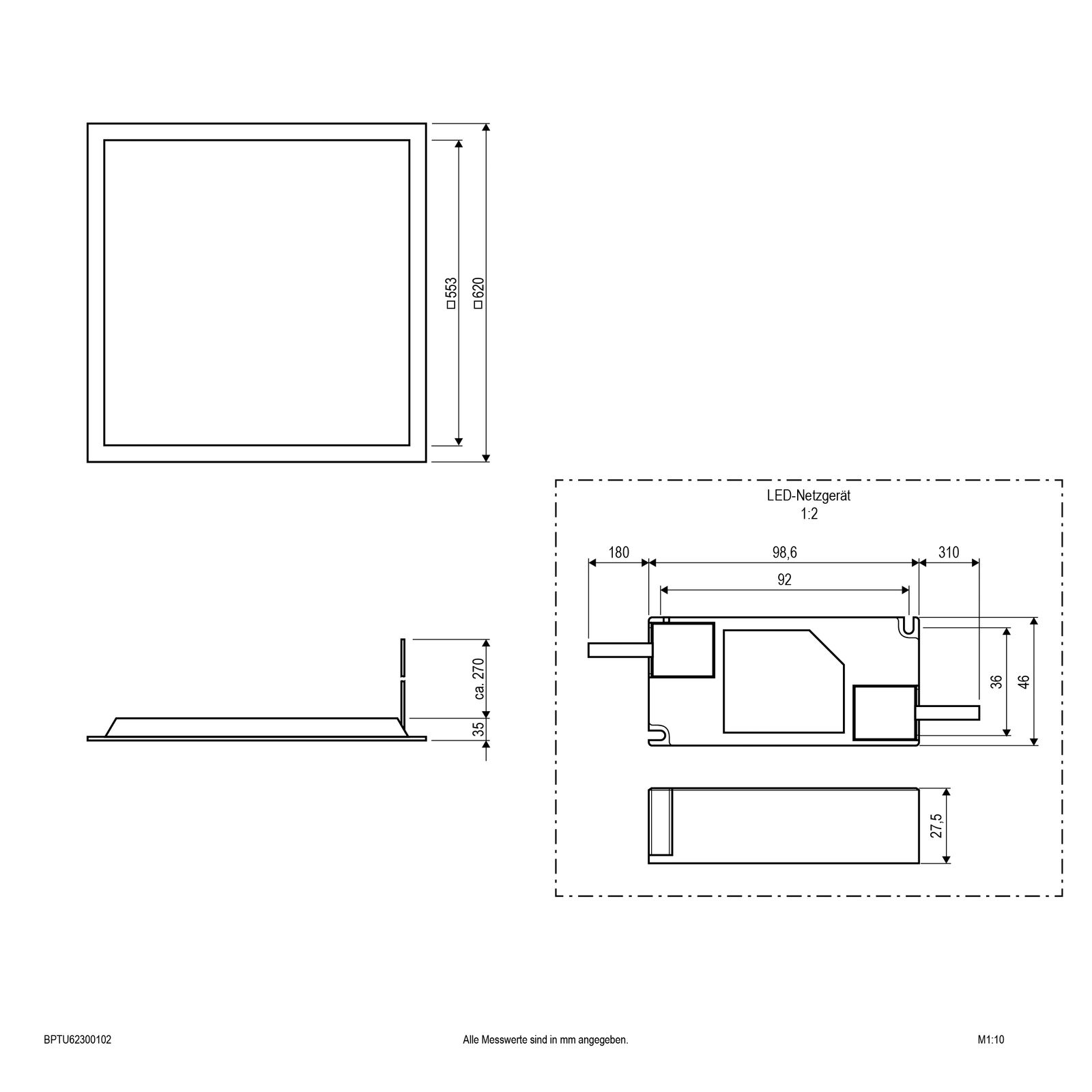 LED-Panel 622x622mm 30W ws Konv IP20 Dimmung Phasenabschnitt