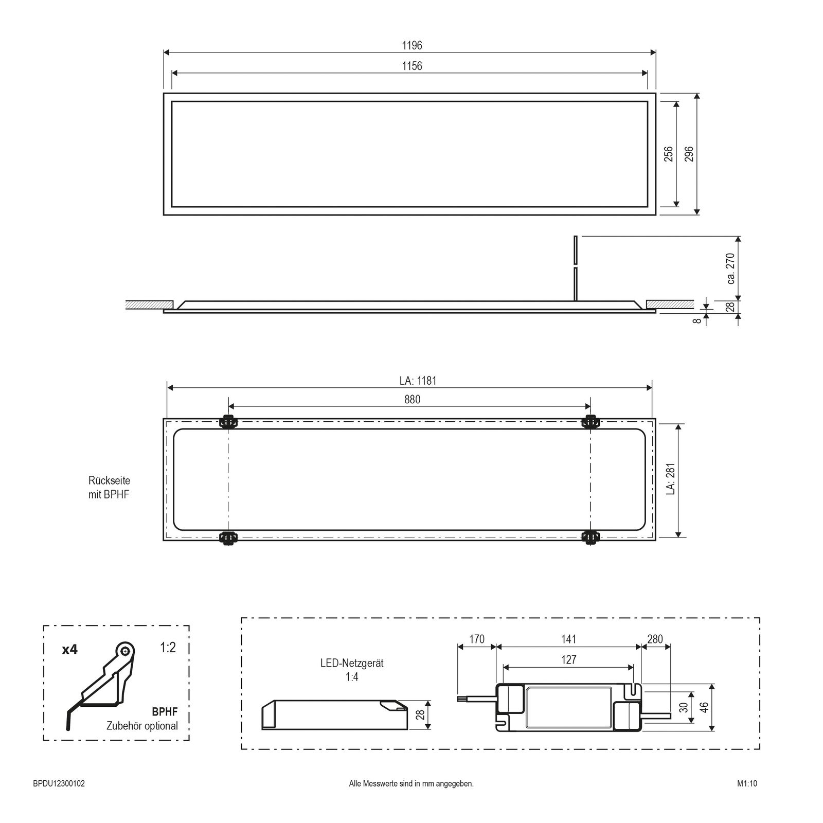 LED-Panel 1196x296mm 30W 3000K 3600lm ws Konv Dimmung DALI IP20