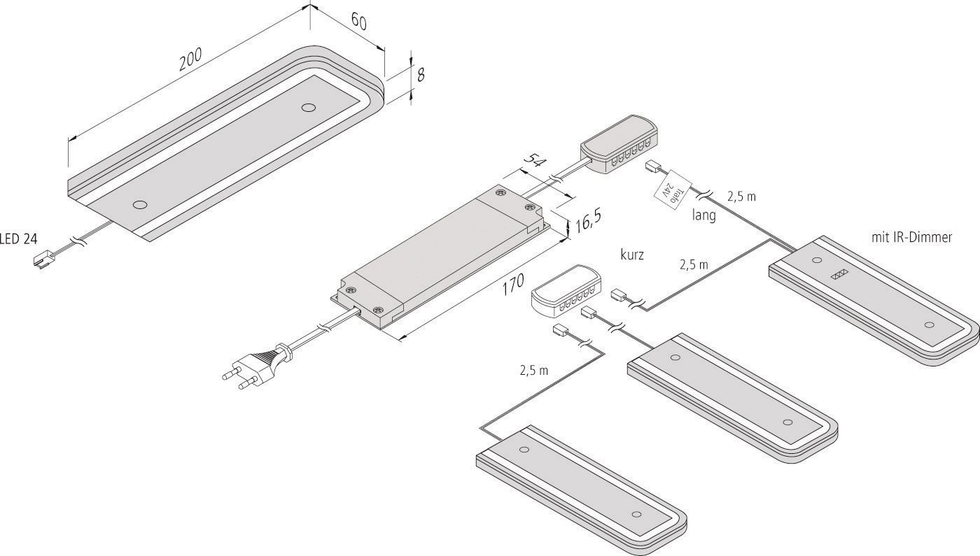 LED-Möbelleuchte 6,5W 3000K 210lm sw Konv IP20 200x60x8mm