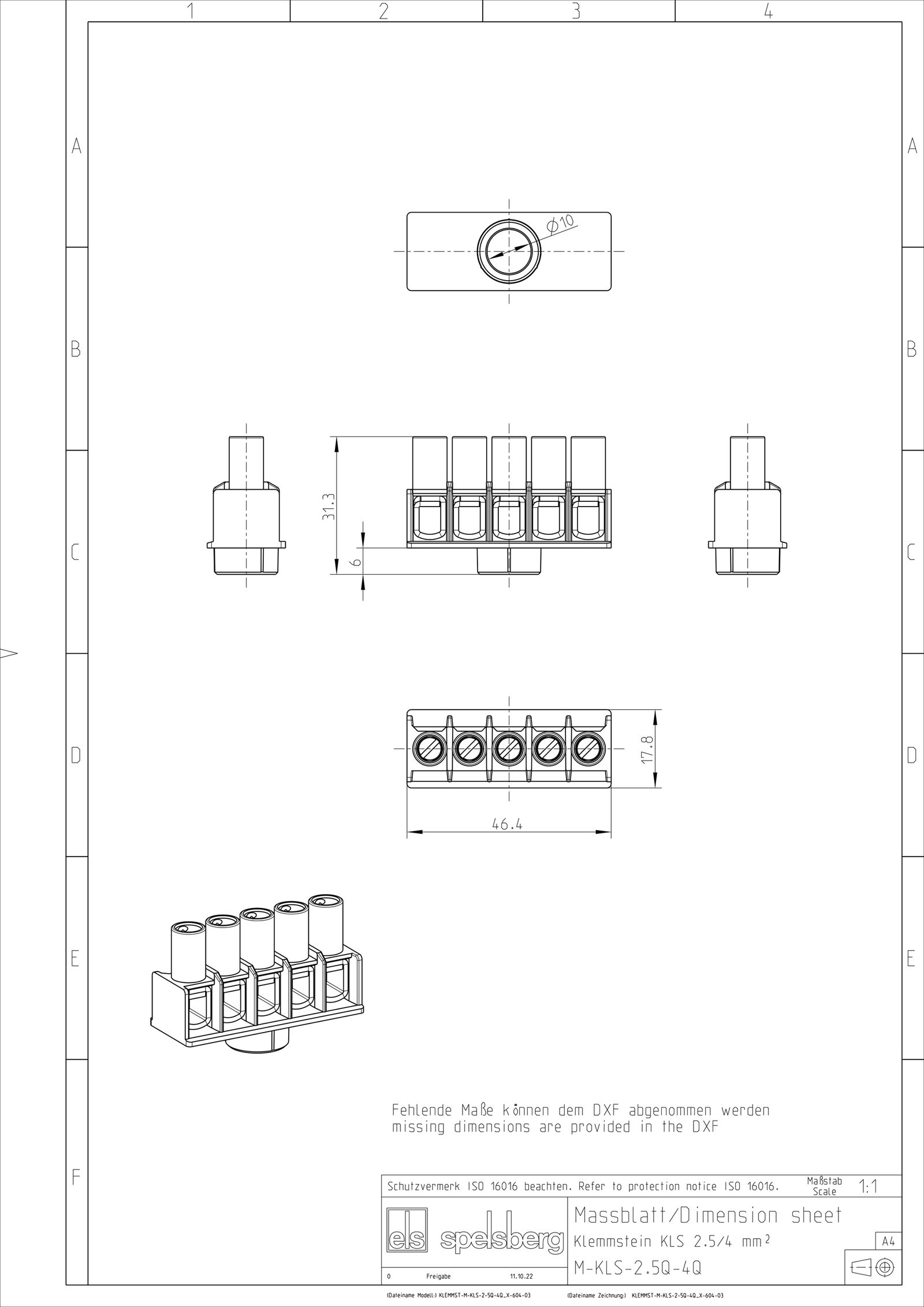 Verbindungsklemme 5p gr 41A Direktmont Thermopl 46mm Schraub