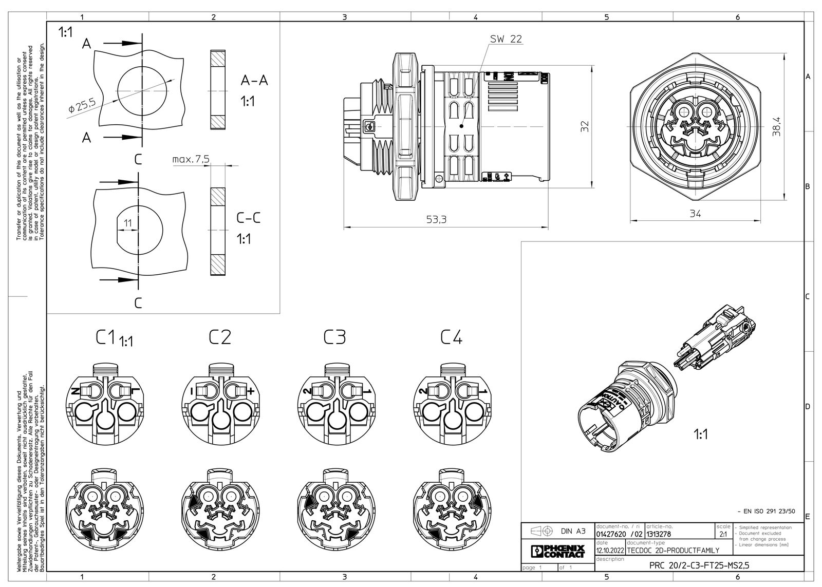 Rundsteckverbinder Stift 20A IP68 MS ger Schraub