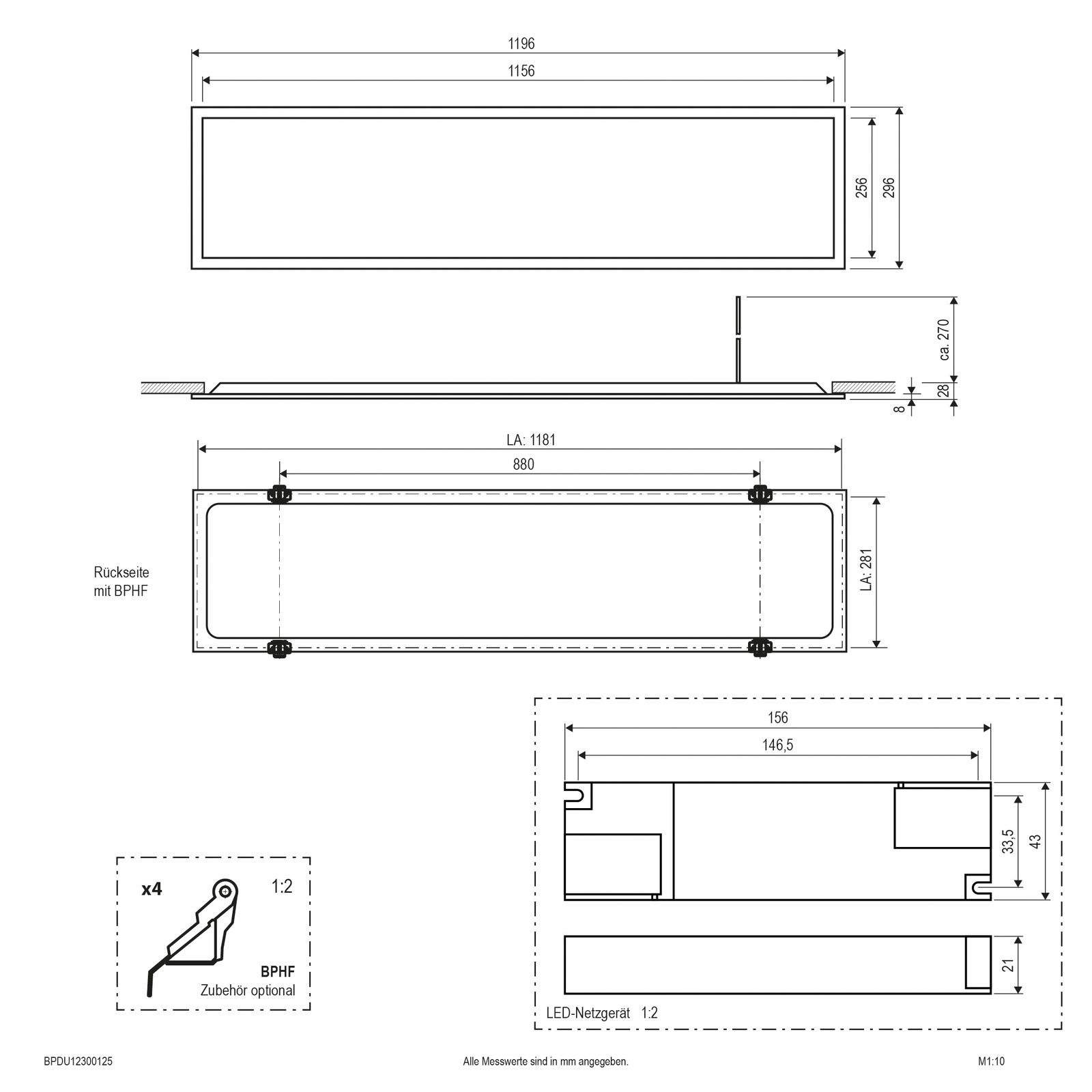 LED-Panel 1196x296mm 30W 2700-6500K IP20 3900lm ws Dimmung DALI
