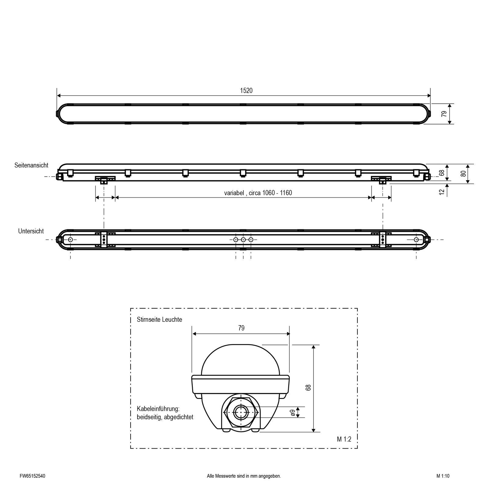 LED-Feuchtraumleuchte 25-50W 4000K Konv 6000lm gr IP65 1520x79x68mm