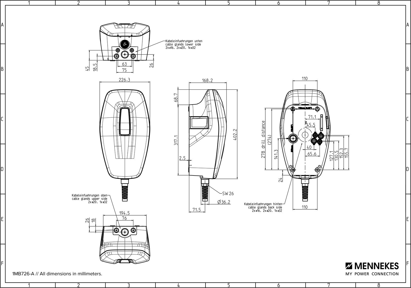 Wallbox 22kVA 3ph L8m 1f 22kW/Ladep IP54 226,3x402,2x168,2mm Wandmont Kst IK10
