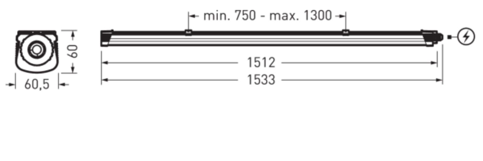 LED-Feuchtraumleuchte 33-48W 4000-6500K 5600lm gr Konv IP65 1533x60,5x60mm