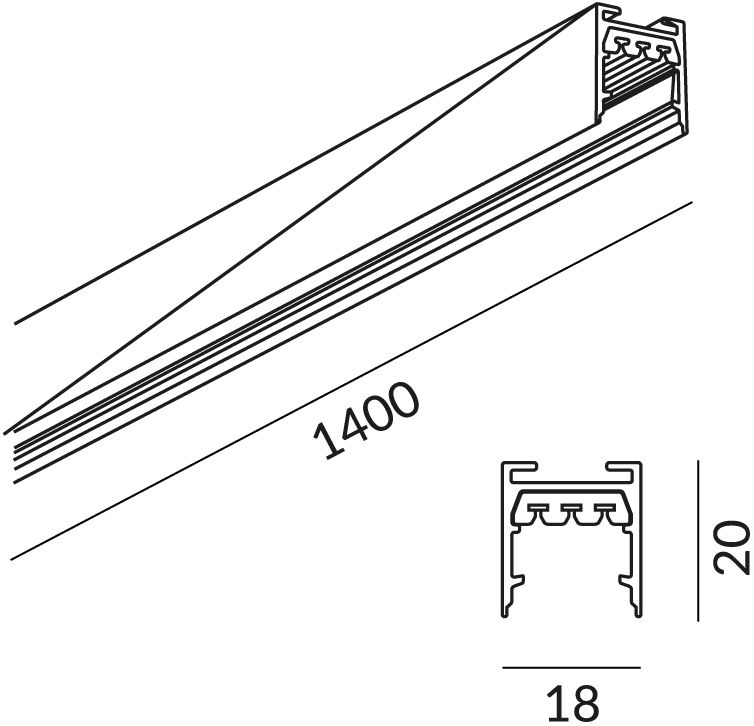 Stromschiene 1400mm ws 220-240V Alu 18x20mm rechteck