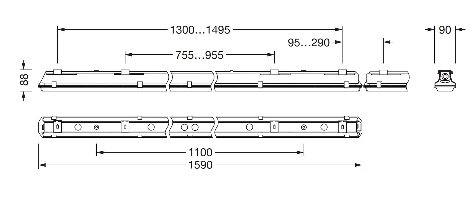 LED-Feuchtraumleuchte Monsun21 46W 4000K 8550lm gr Konv IP66 1590x90x88mm