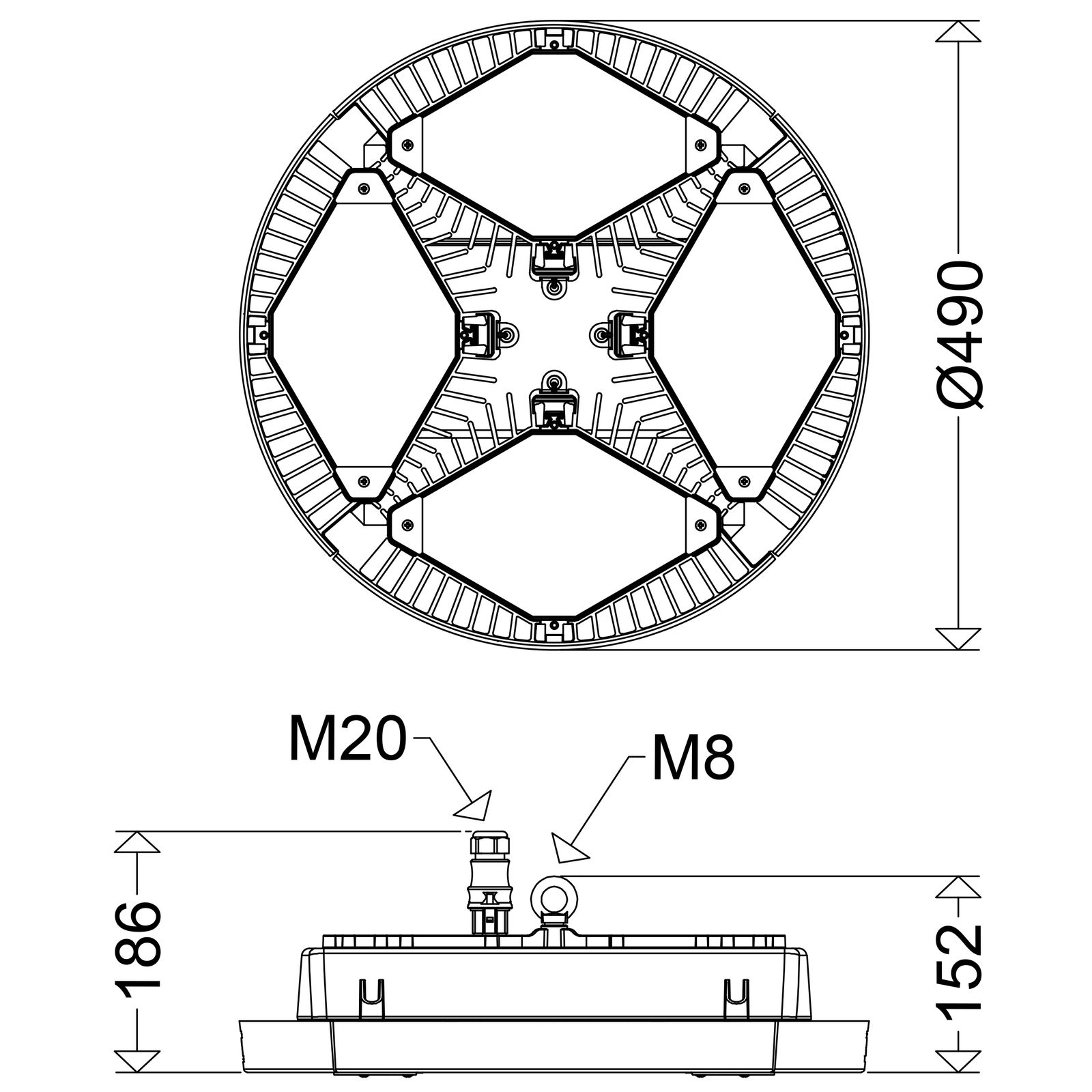 LED-Hallenleuchte 166W TRIANO 4000K 1LED 27000lm sym IP65 Mit Schutzabdeckung