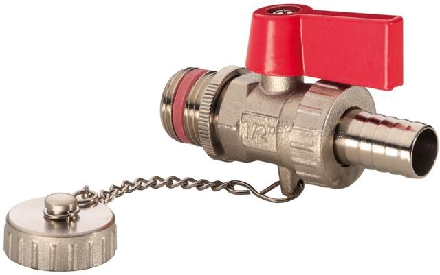 HS KFE-Kugelhahn UNIVERS 1403 1/2", Flügelgriff rot, Konterring, Schlauchanschluss, Messing vernickelt