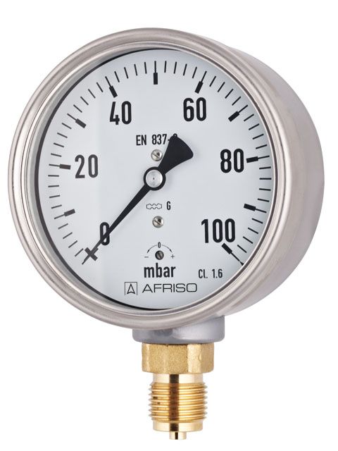 Afriso Kapselfeder-Manometer KP100 D401 radial 0/160 mbar, G 1/2 B, Gehäuse d= 100mm Edelstahl 304