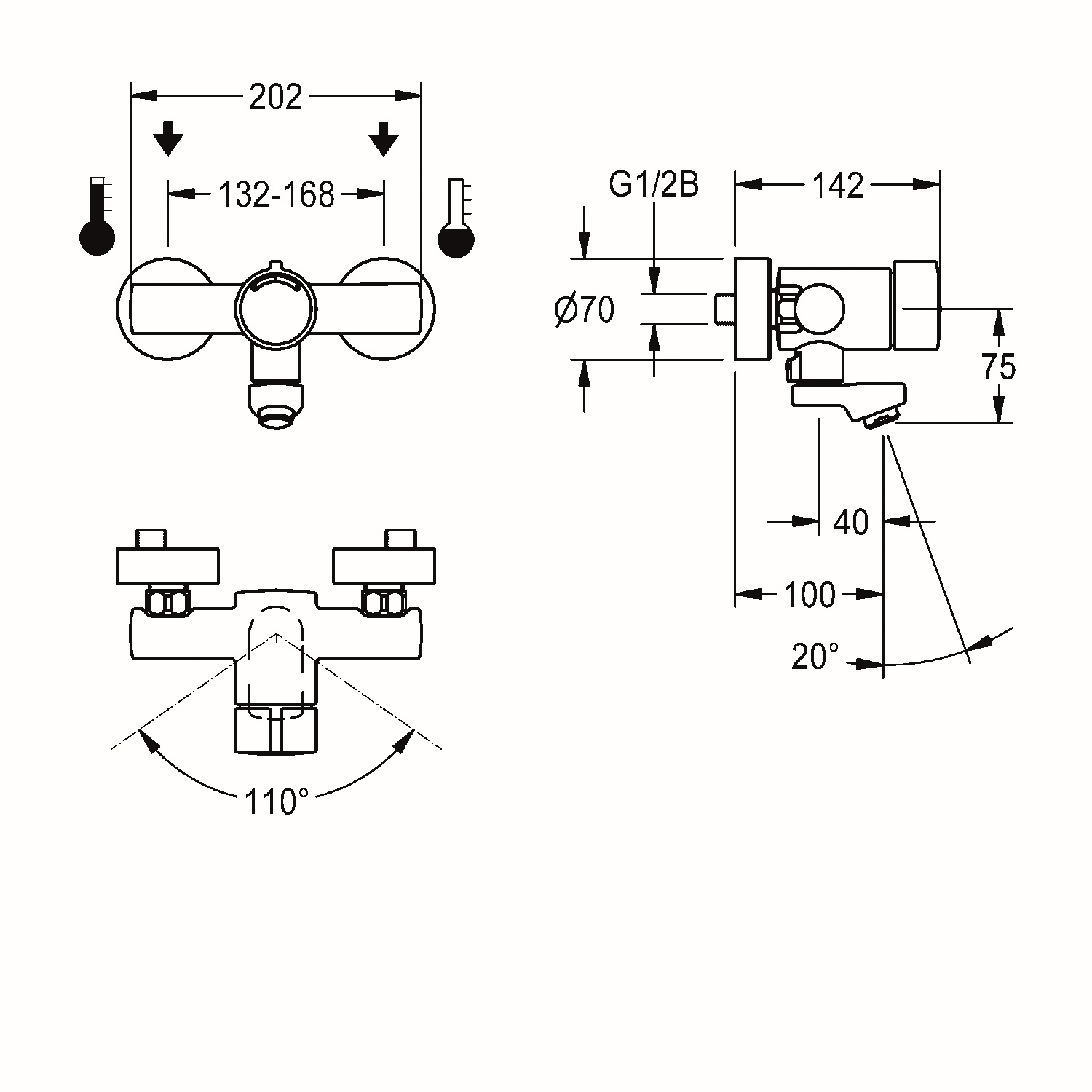AR Wandbatterie, F3, hydr., Mischer, Schwenkauslauf, 100 mm, 3l