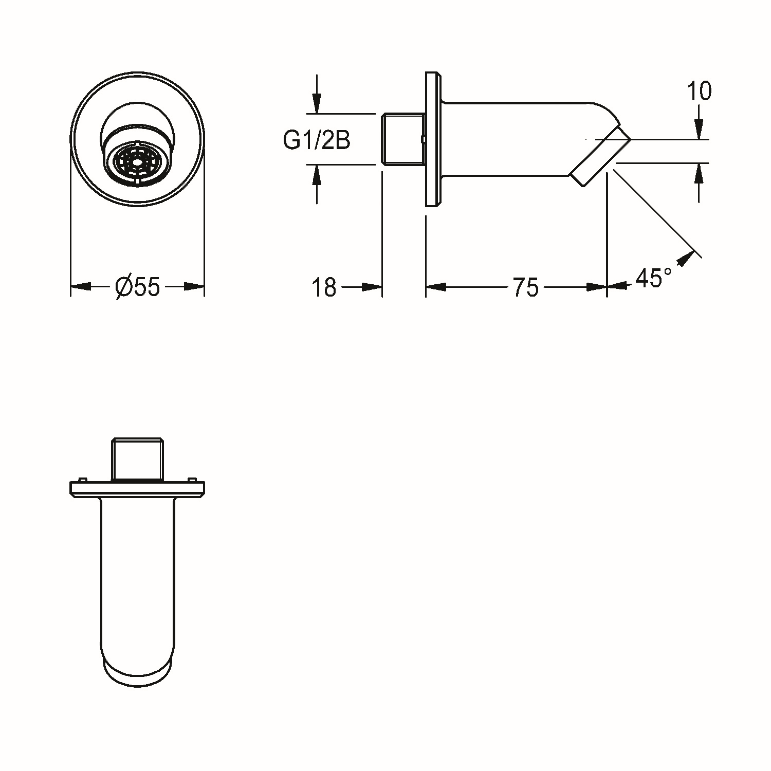 Aquarotter Wandauslauf für Wandeinbau-Wascharmaturen, Ausladung 75 mm, 45°, 6l