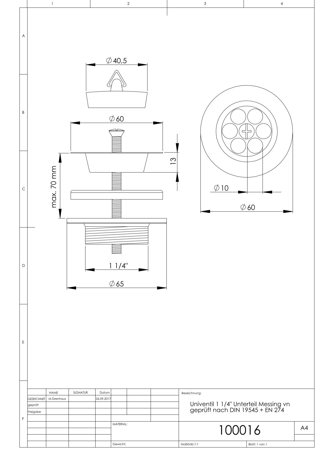 ASW Universalventil 1 1/4"xd= 60mm, Unterteil, Messing, Sieb poliert