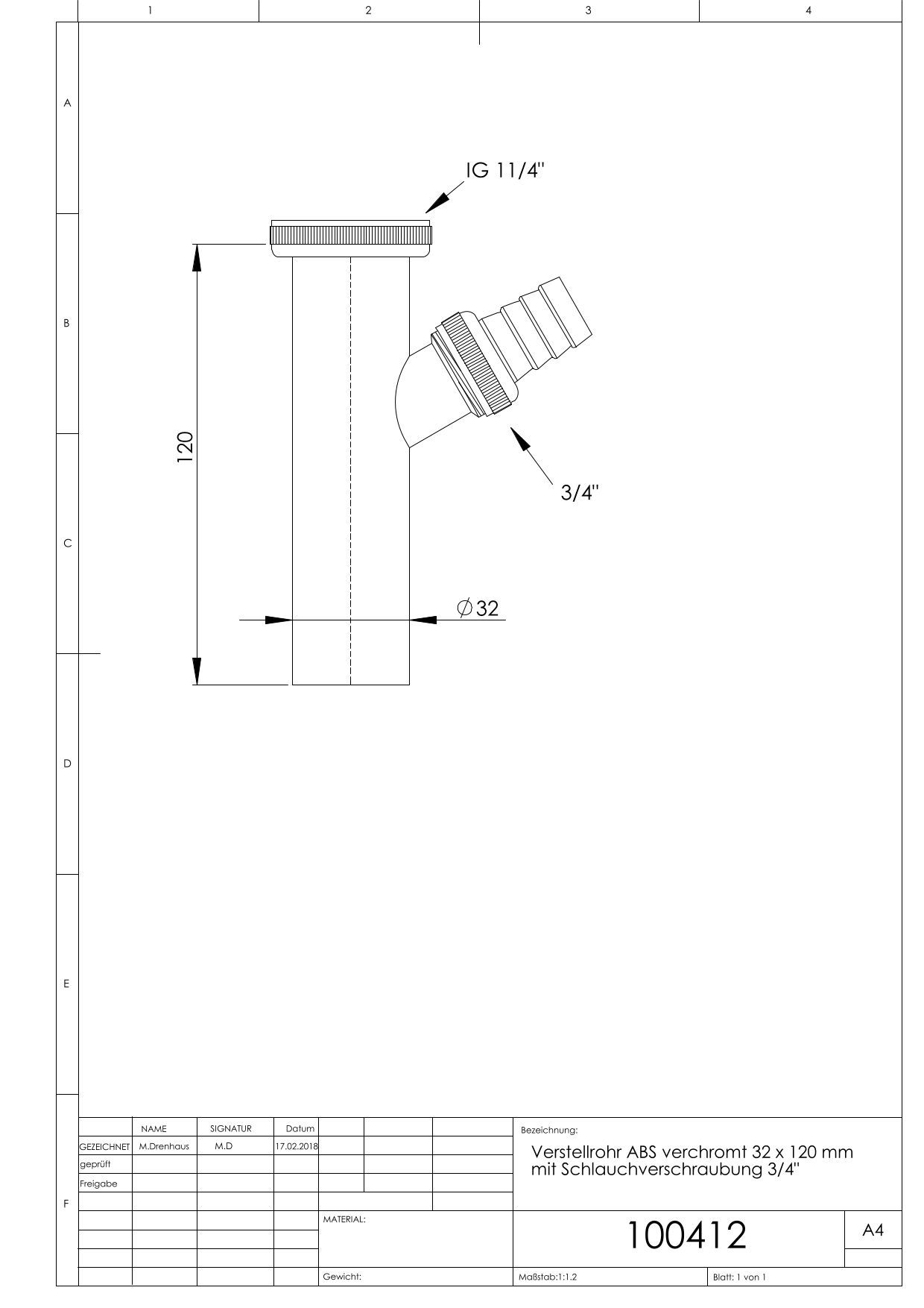 ASW Verstellrohr 32 x 200 mm, Edelstahl verchromt, mit Einlauf 45Grad, mit Schlauchverschraubung 3/4"