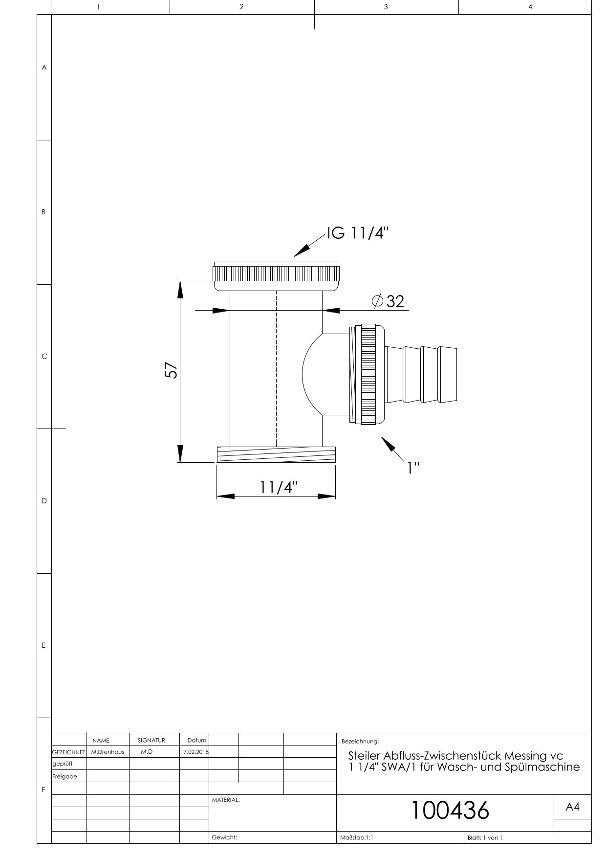 ASW Steiler-Abfluss-Zwischenstück 1 1/4" x 1 1/4" Modell SWA/1, Messing verchromt