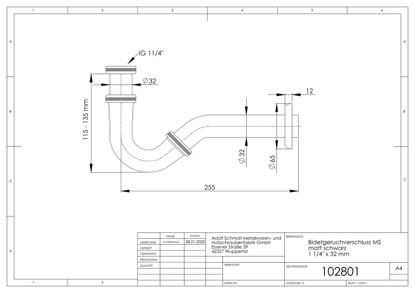 ASW Bidet-Röhrengeruchsverschluss 1 1/4"x32mm, Verstellrohr 45mm, Messing matt schwarz