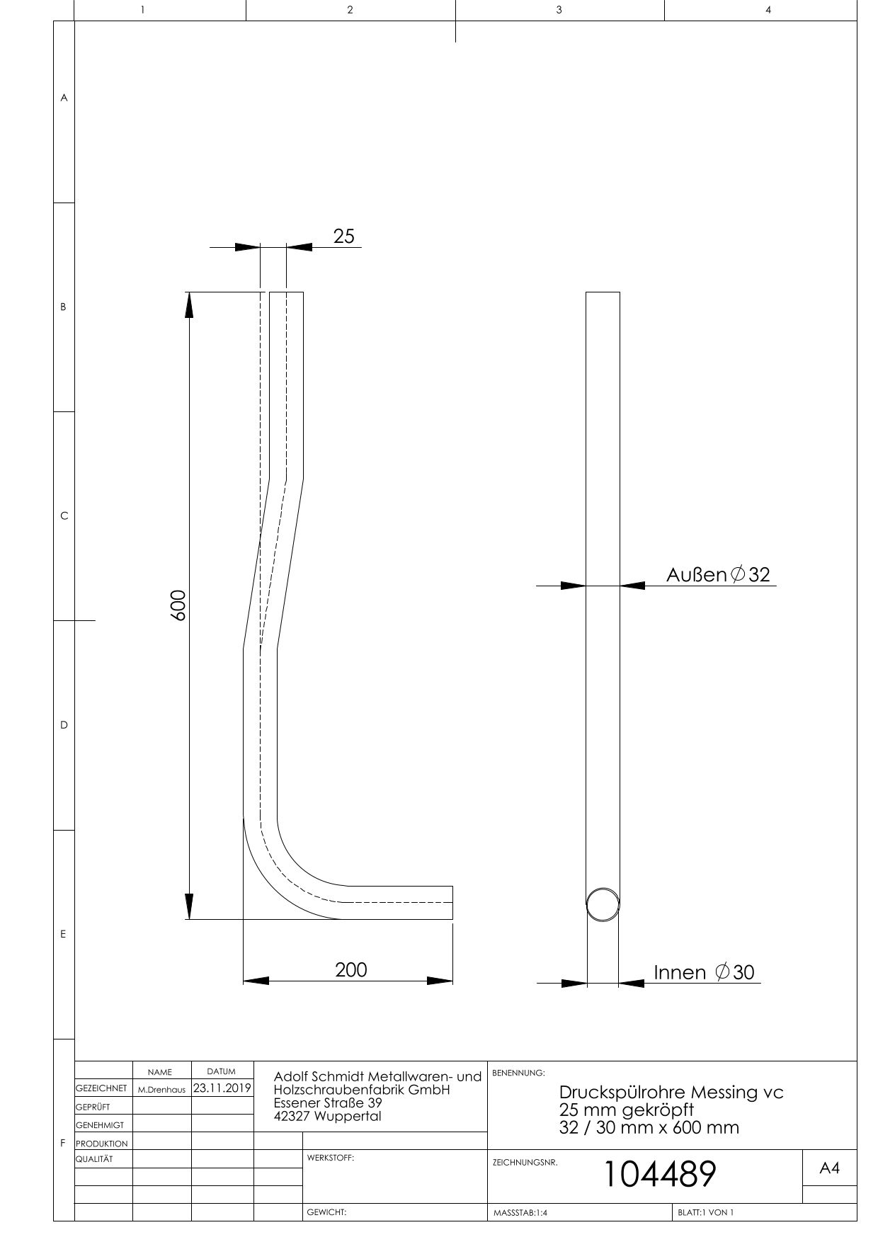 ASW Druckspülrohr 32/30x200x600mm, DN 25, Messing verchromt, 45mm gekröpft