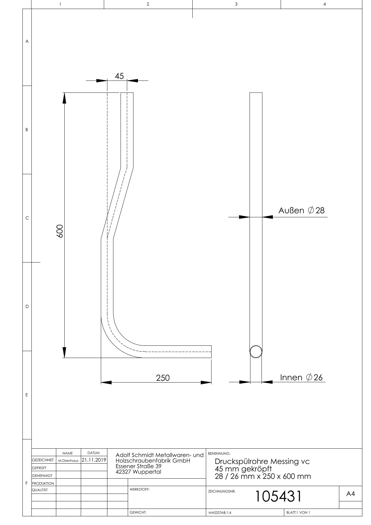 ASW Druckspülrohr 28/26x250x600mm, DN 20, Messing verchromt, 45mm gekröpft