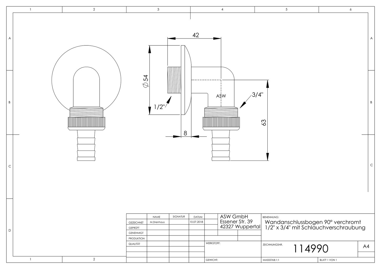 ASW Wandanschlussbogen 1/2" x 3/4", 90°, Messing verchromt, mit Schlauchverschraubung